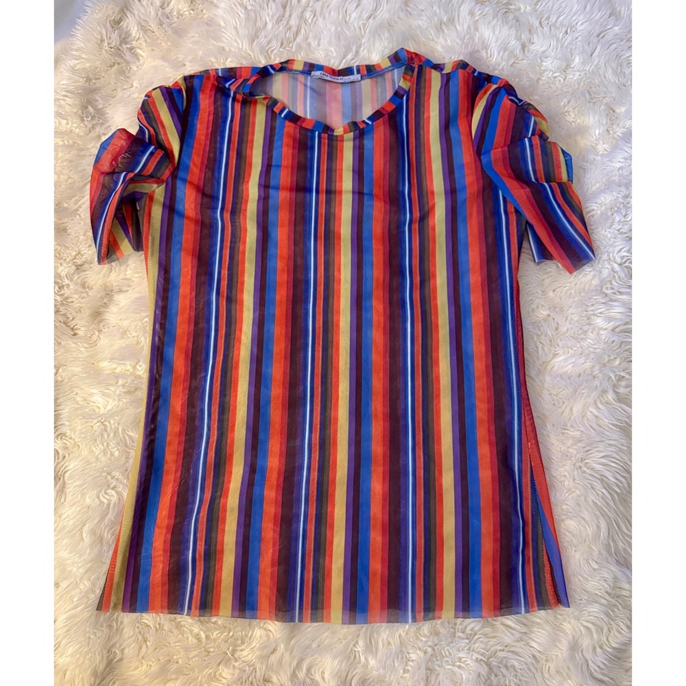 Zara Mesh Top S Multicolor Rainbow Stripe Ruched Short Sleeve Y2K Sheer Festival